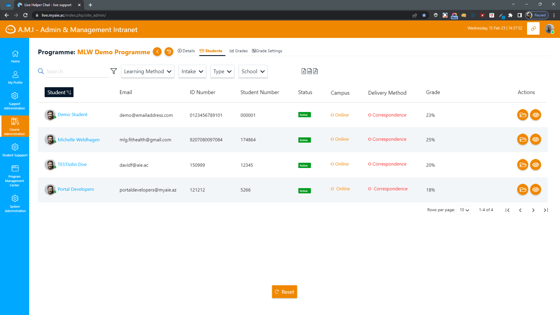 AIE programme administration interface showing student records