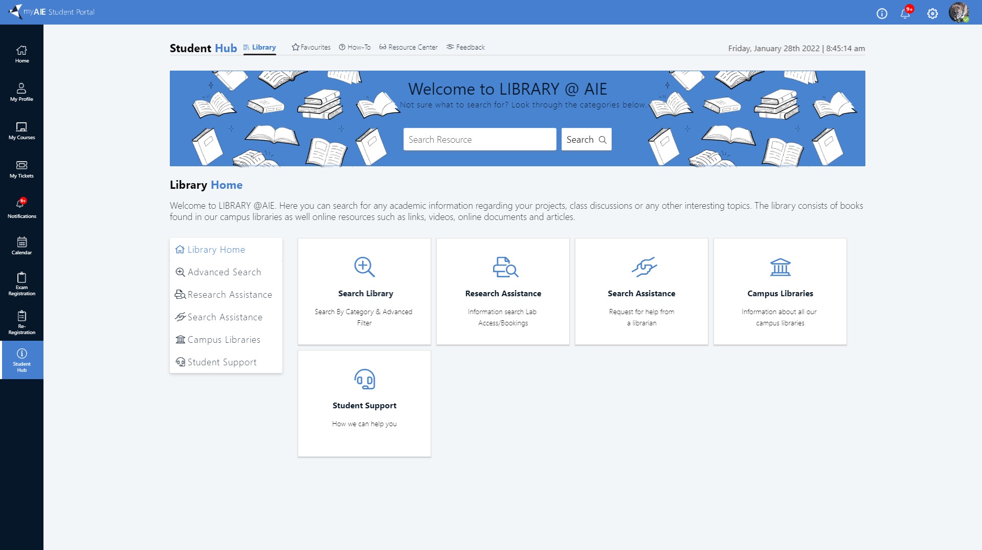 myAIE Student Portal library interface