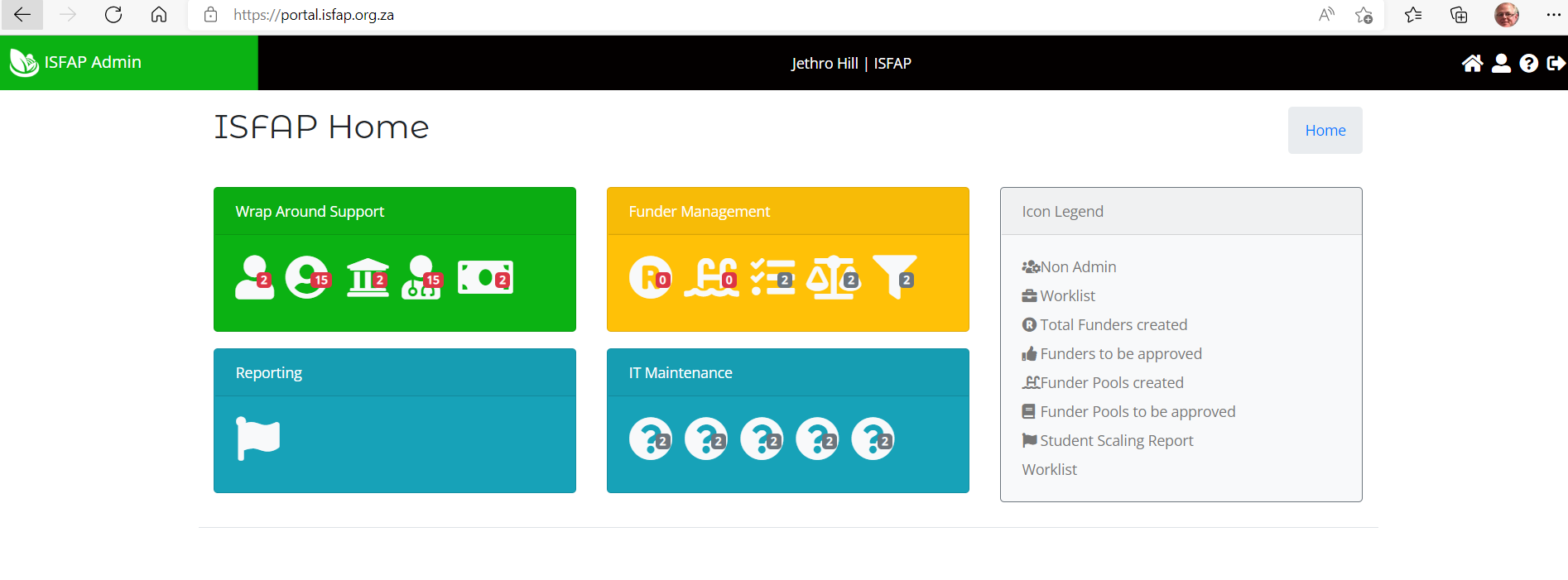 ISFAP administration portal dashboard