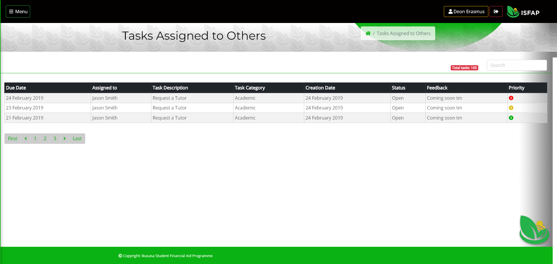 ISFAP student task management interface