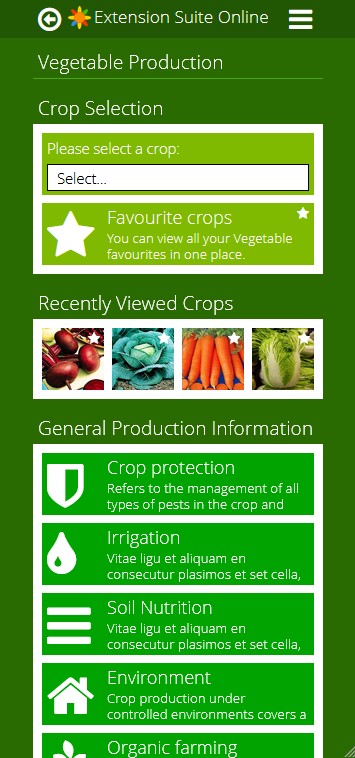 Extension Suite Online crop information interface
